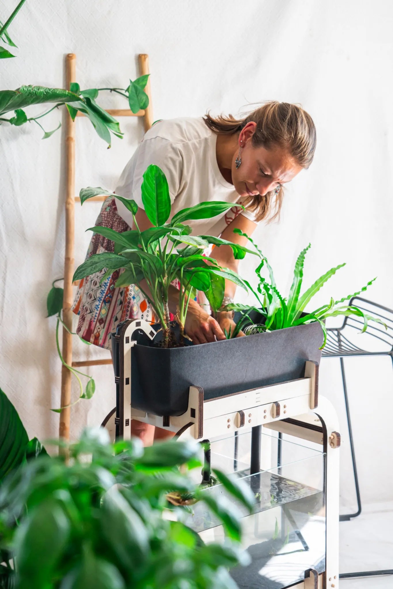 Femme installant des plantes dans le bac supérieur du kit aquaponique Aquapouss V2