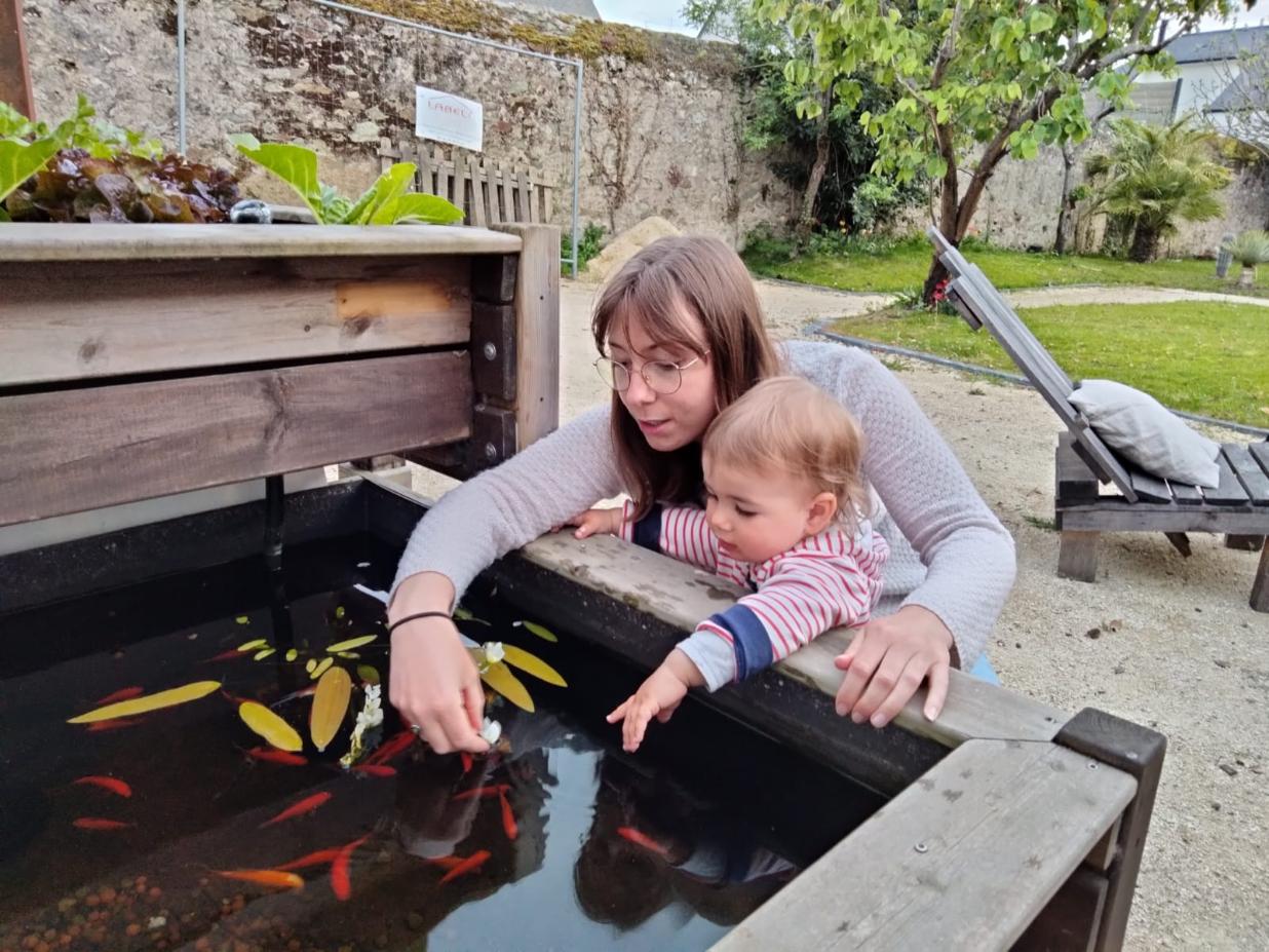 Dans un jardin à côté d'un transat on peut voir une jeune fille de 14 ans observer avec sa petite soeur de 3 ans  les poissons d'un bassin aquaponique Géraldine. On voit un bassin avec des poissons rouges surplombé d'un bac de culture de billes d'argile avec des salades qui poussent